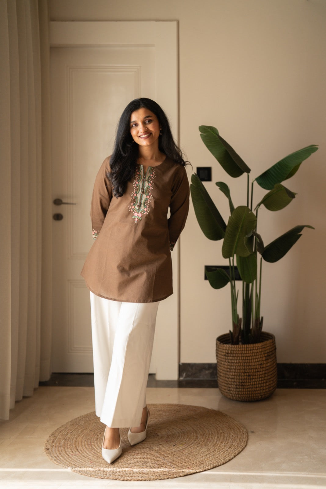 Roma Embroidered Cotton Top- Brown