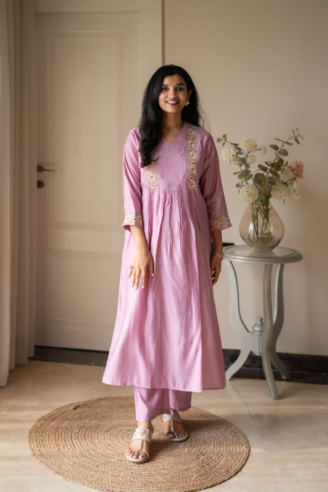 Amber Muslin Embroidered Pant Set- Pastel Pink