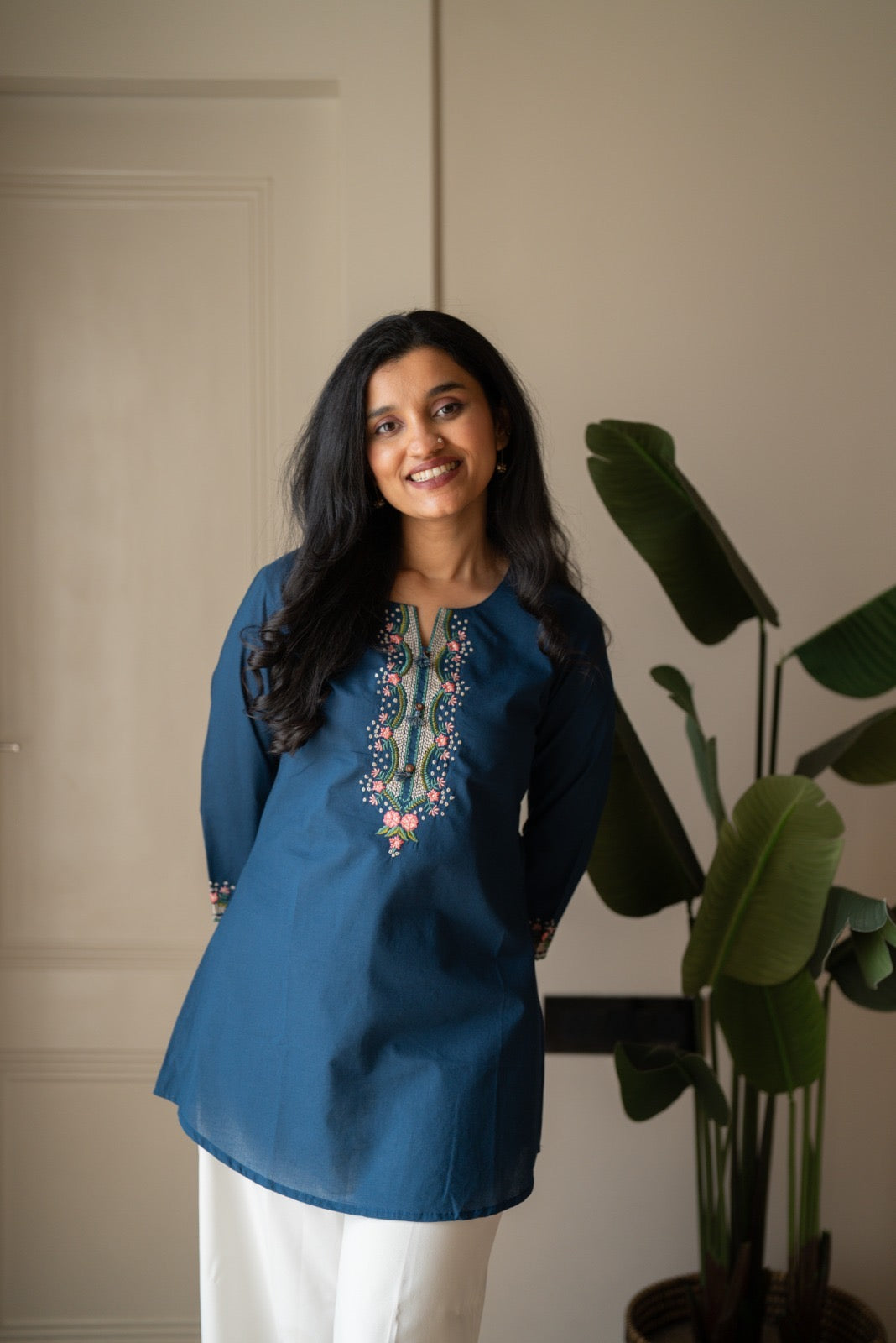 Roma Embroidered Cotton Top- Blue
