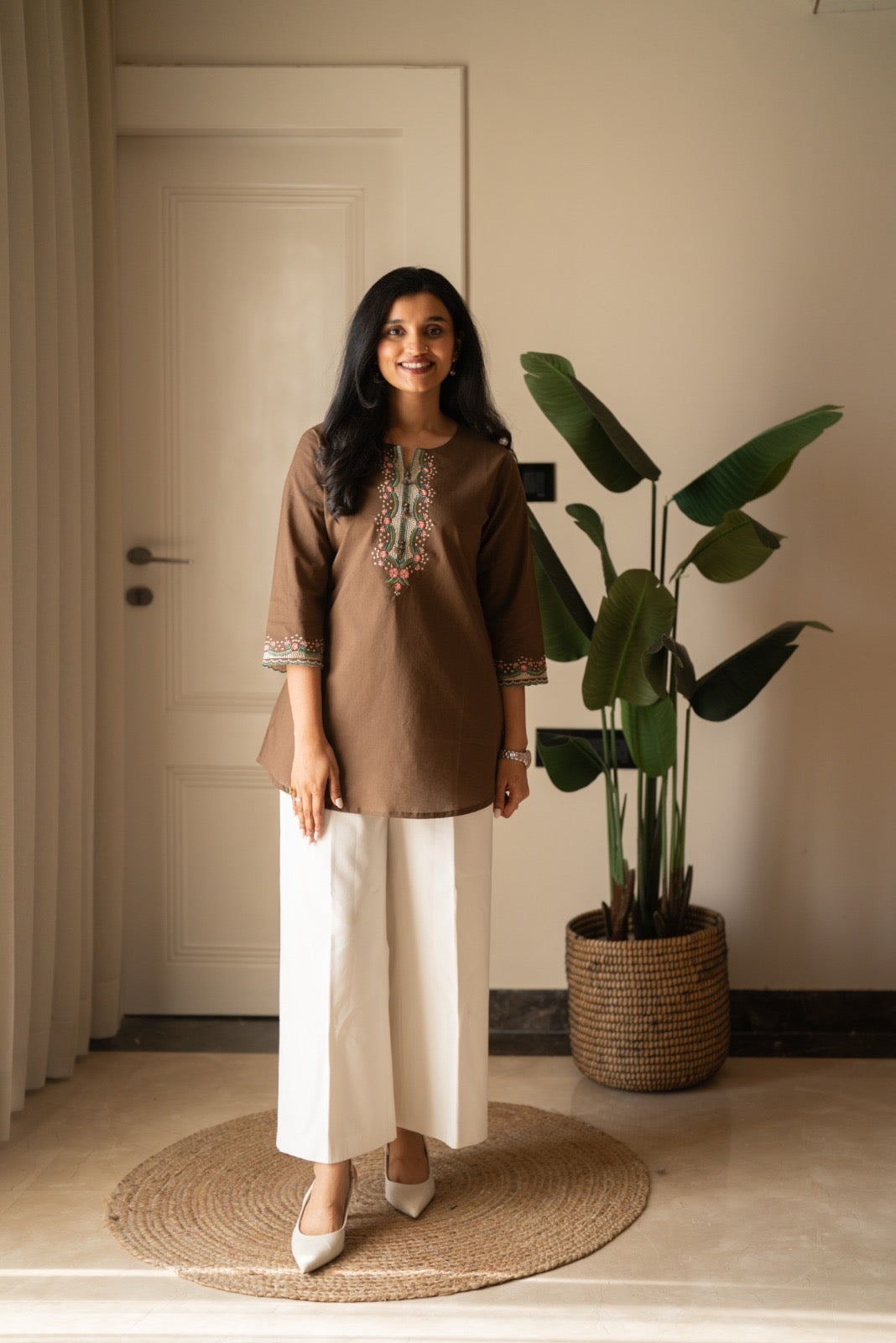 Roma Embroidered Cotton Top- Brown