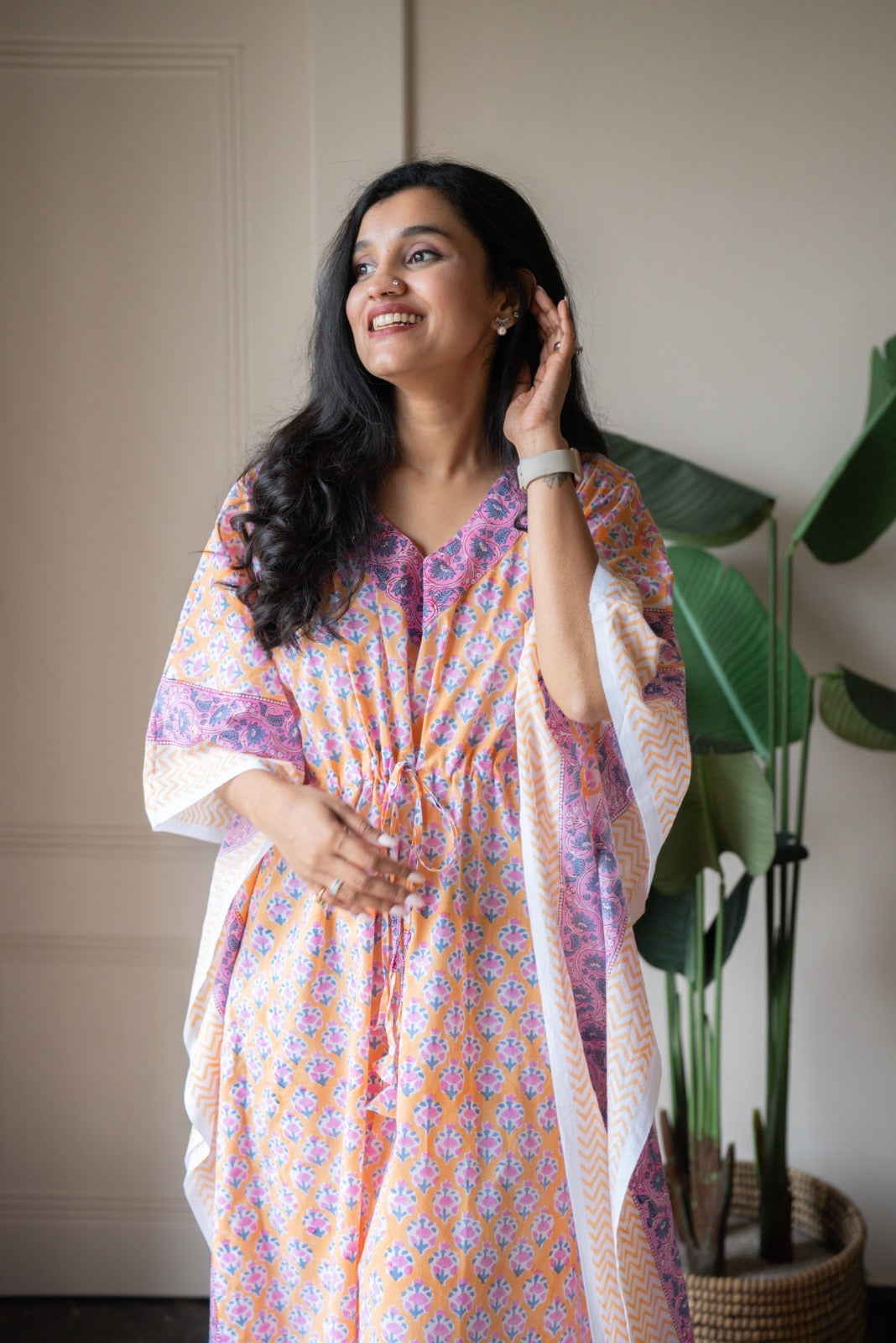 Kashi Block Print Kaftan- Peach Booti