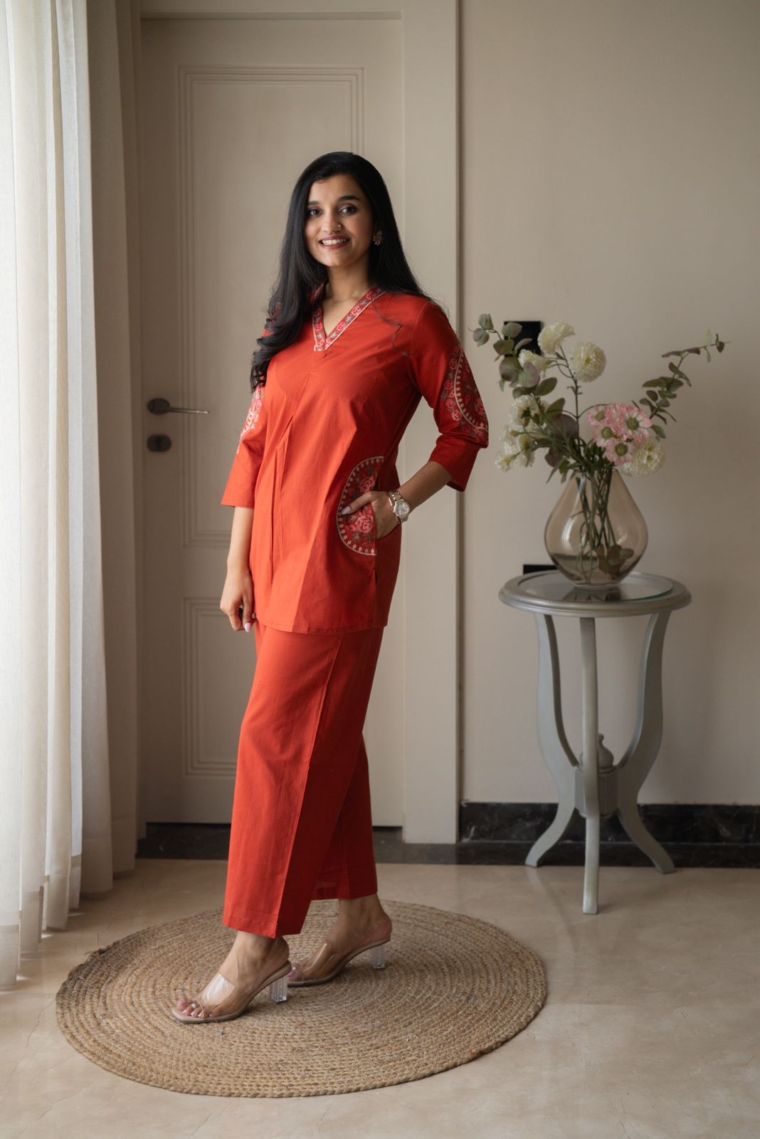 Risha Embroidered Coord Set- Orange