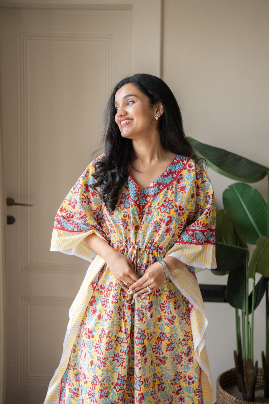 Kashi Block Print Kaftan- Bright Yellow Florals