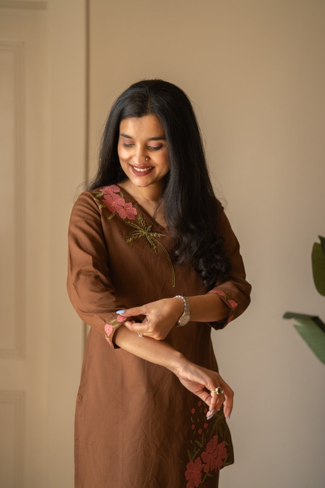 Ginni Embroidered Cotton Coord Set- Brown