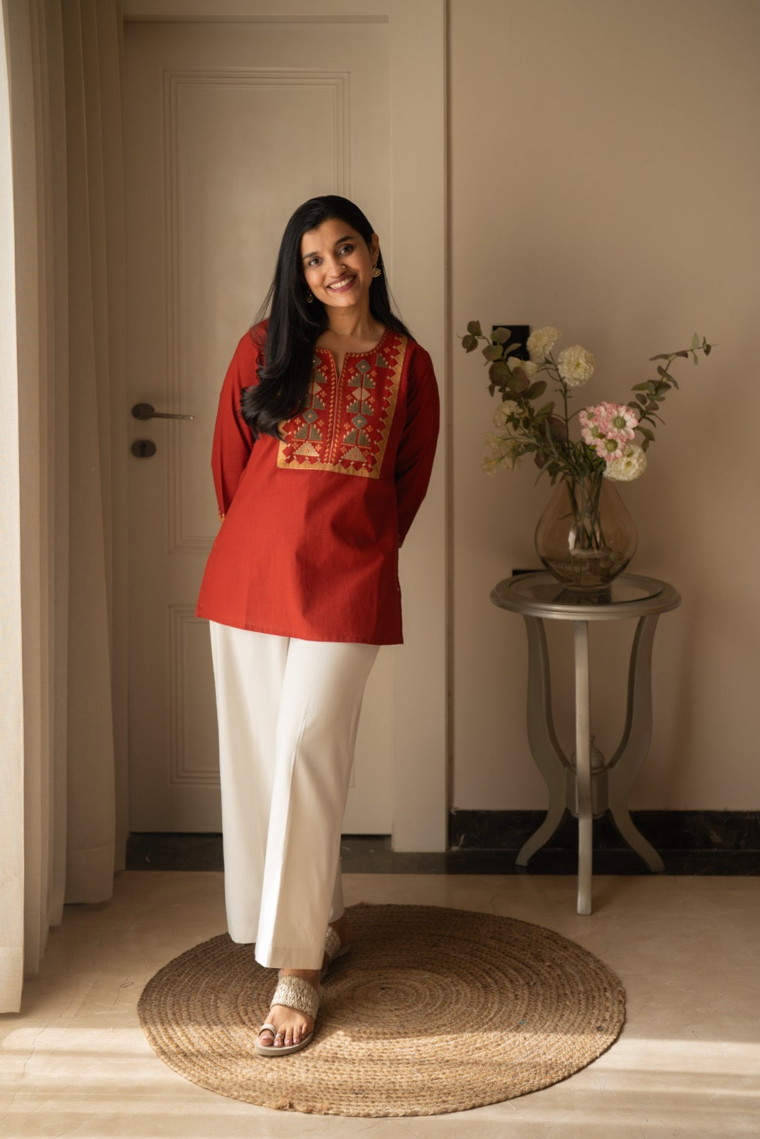 Lizi Embroidered Short Kurti- Rust