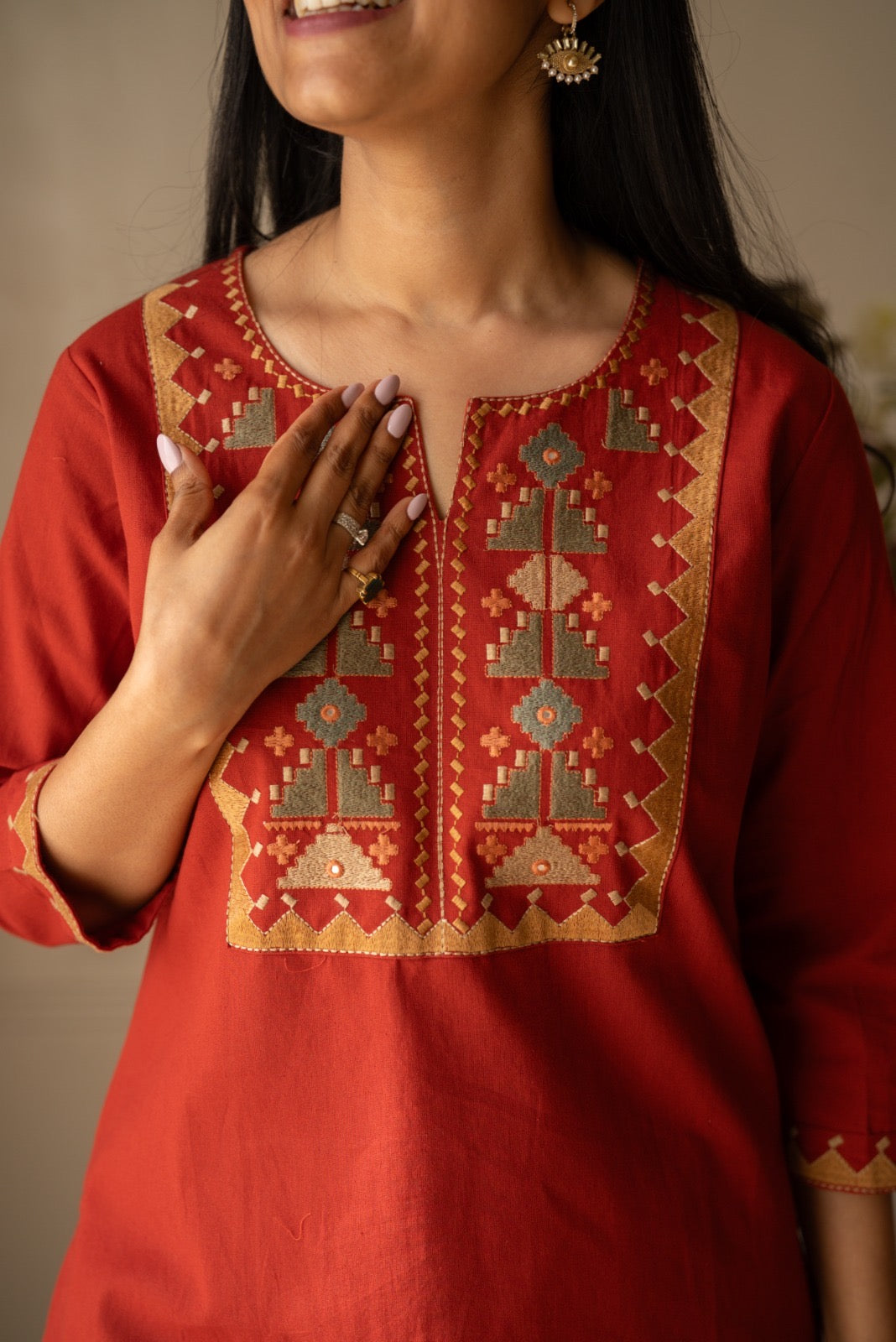 Lizi Embroidered Short Kurti- Rust