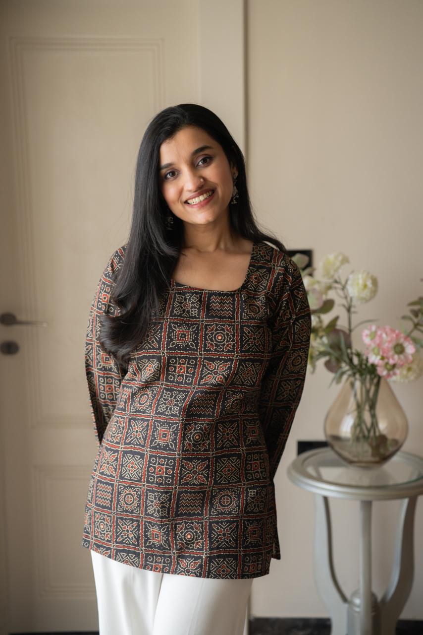 Zia Cotton Short Kurti- Black Bandhej