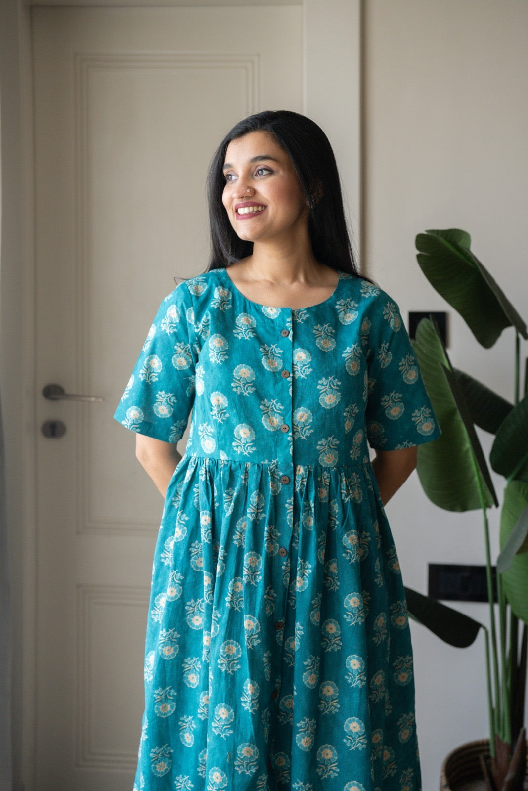 Drishy Maternity Cotton Dress- Blue Booti