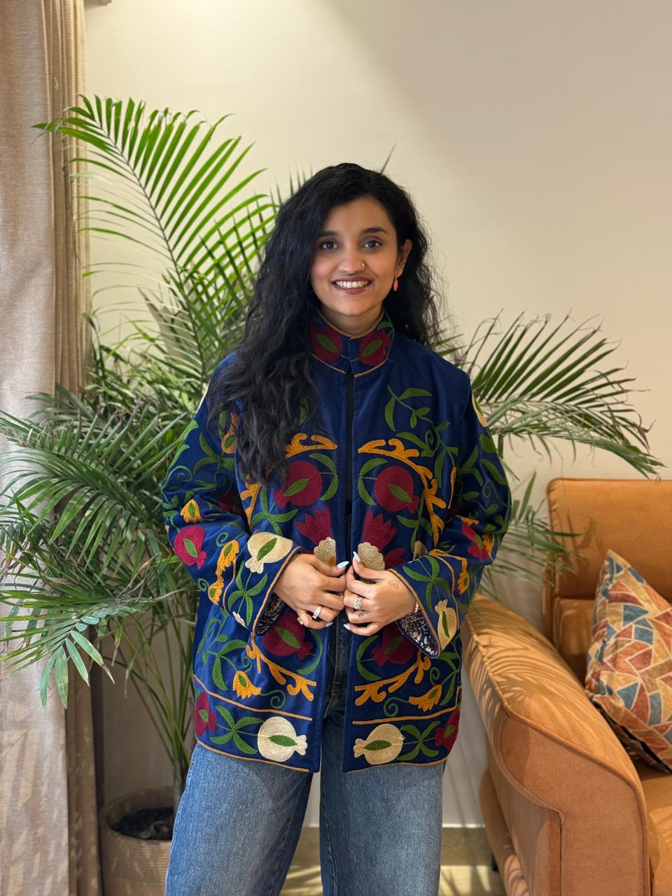 Sujani Velvet Jacket- Royal Poms