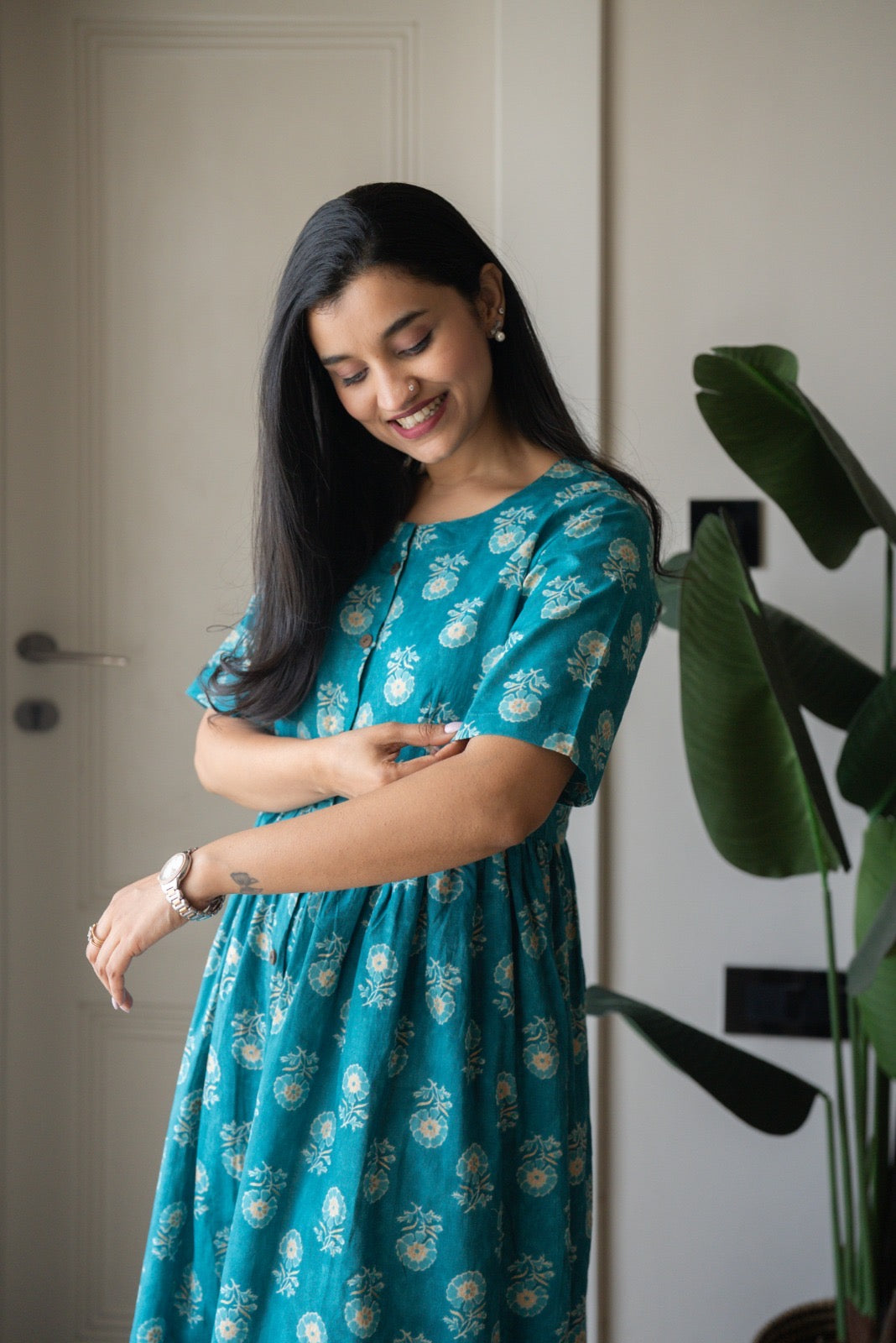 Drishy Maternity Cotton Dress- Blue Booti