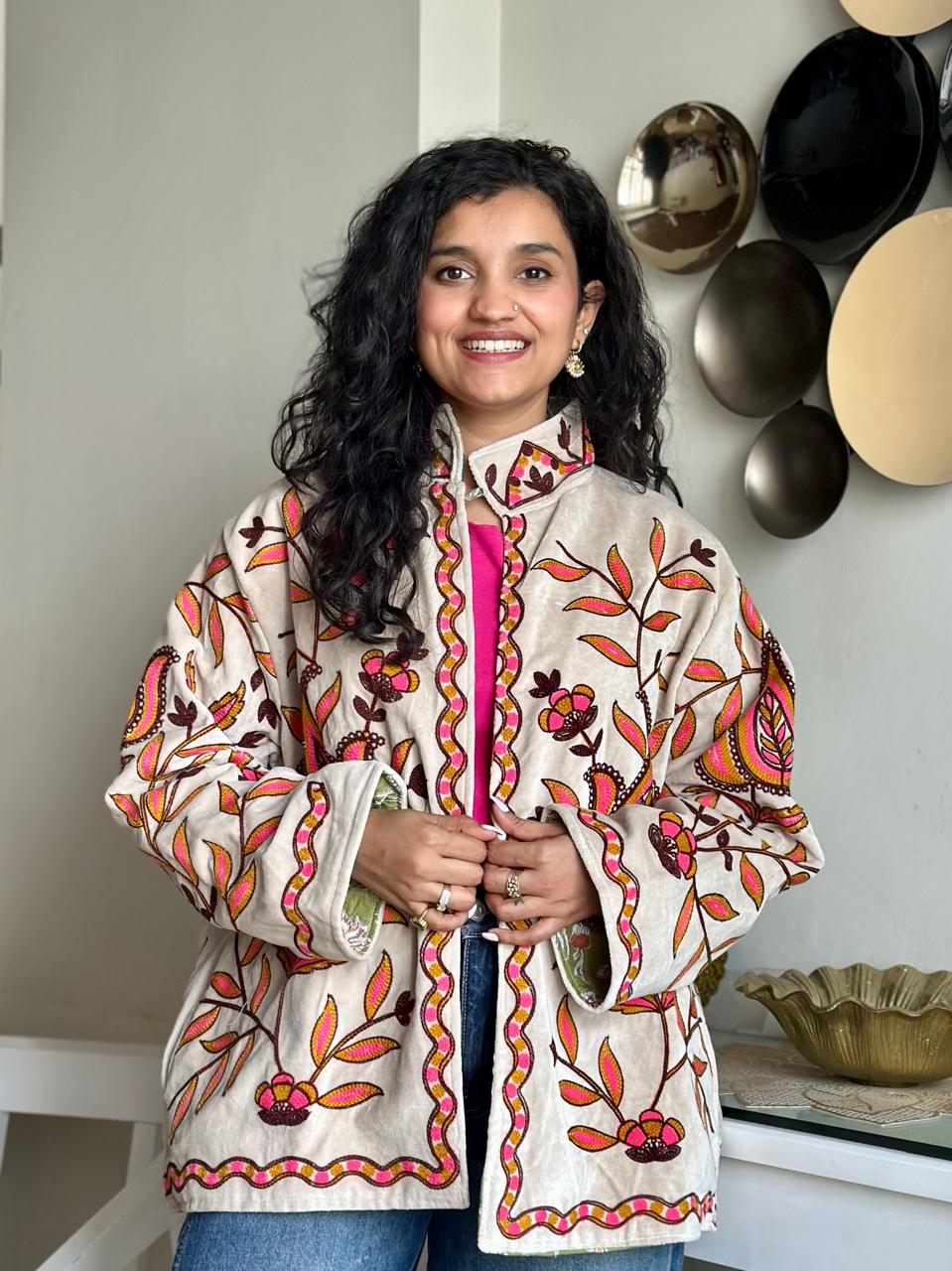 Suzani Velvet Jacket- White Pink Florals