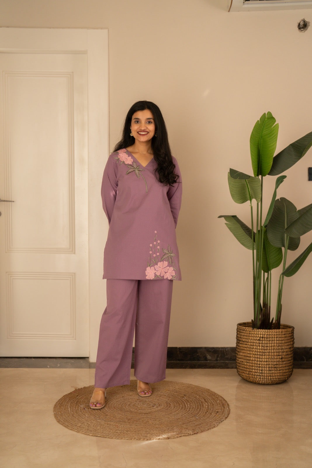 Ginni Embroidered Cotton Coord Set- Purple