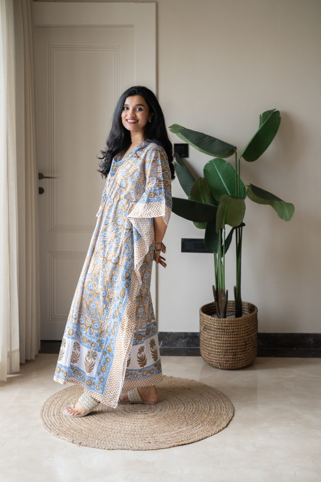 Kashi Block Print Kaftan- Brown Blue Booti