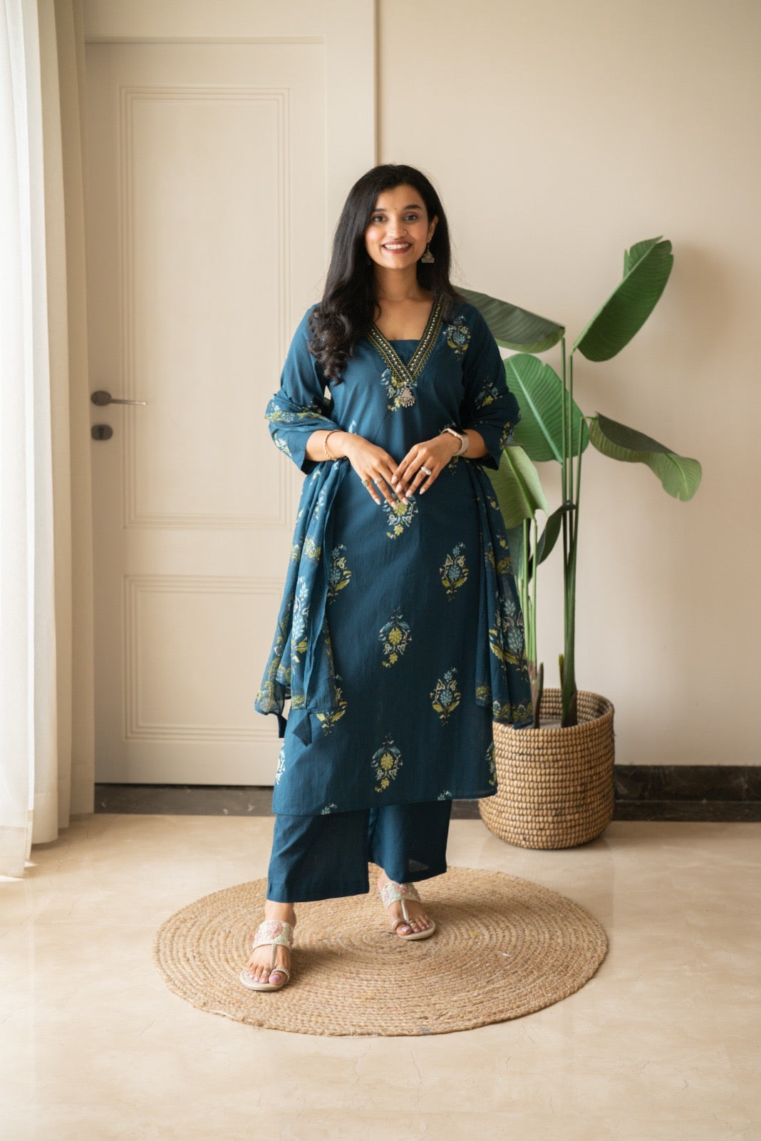 Zasha Cotton Suit- Teal Boota