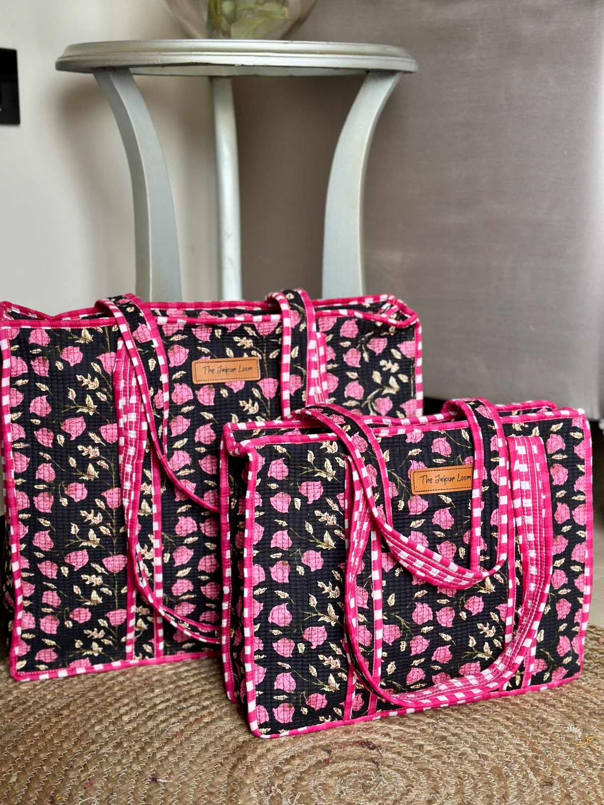 Quilted Tote Bag- Black Pink Florals