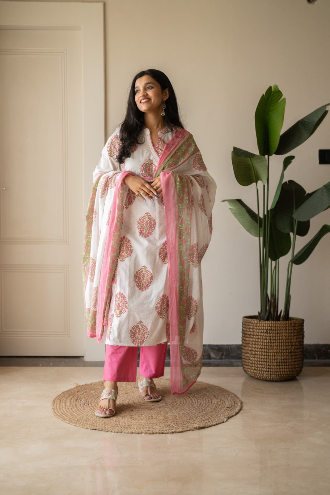 Ruh Angrakha White Boota Set- Pink