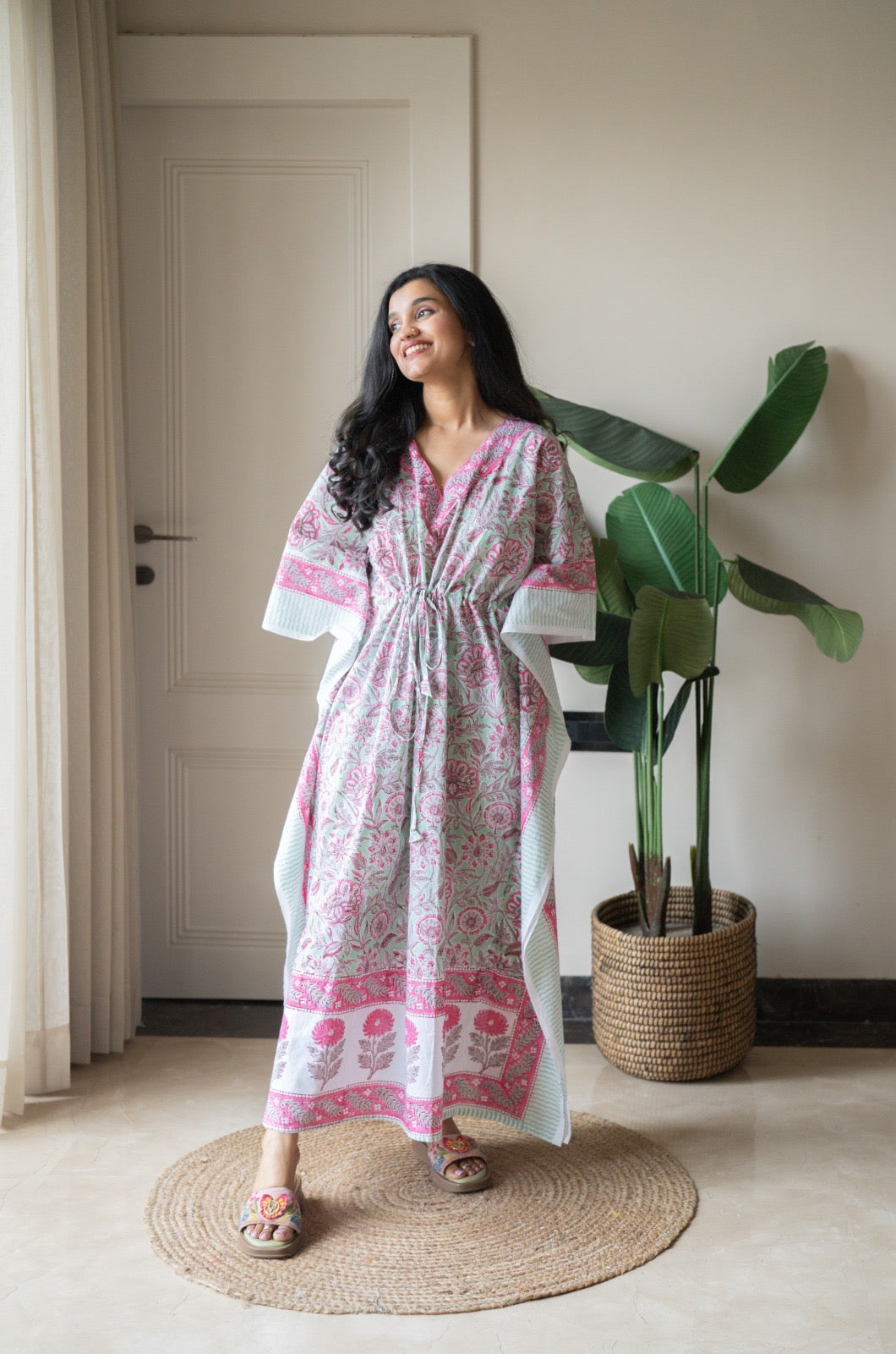 Kashi Block Print Kaftan- Pastel Green Bel