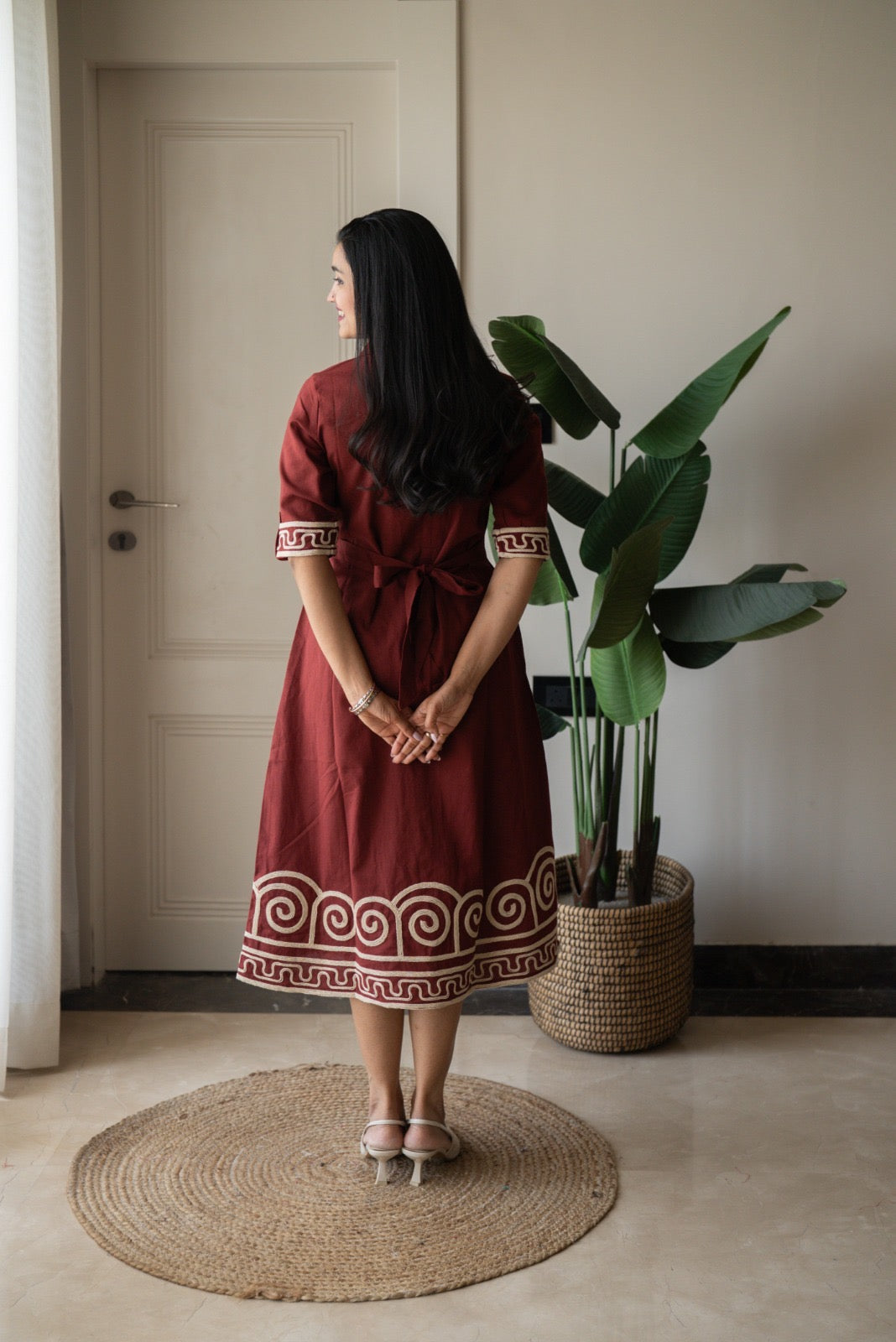 Zavya A-line Embroidered Dress- Brick