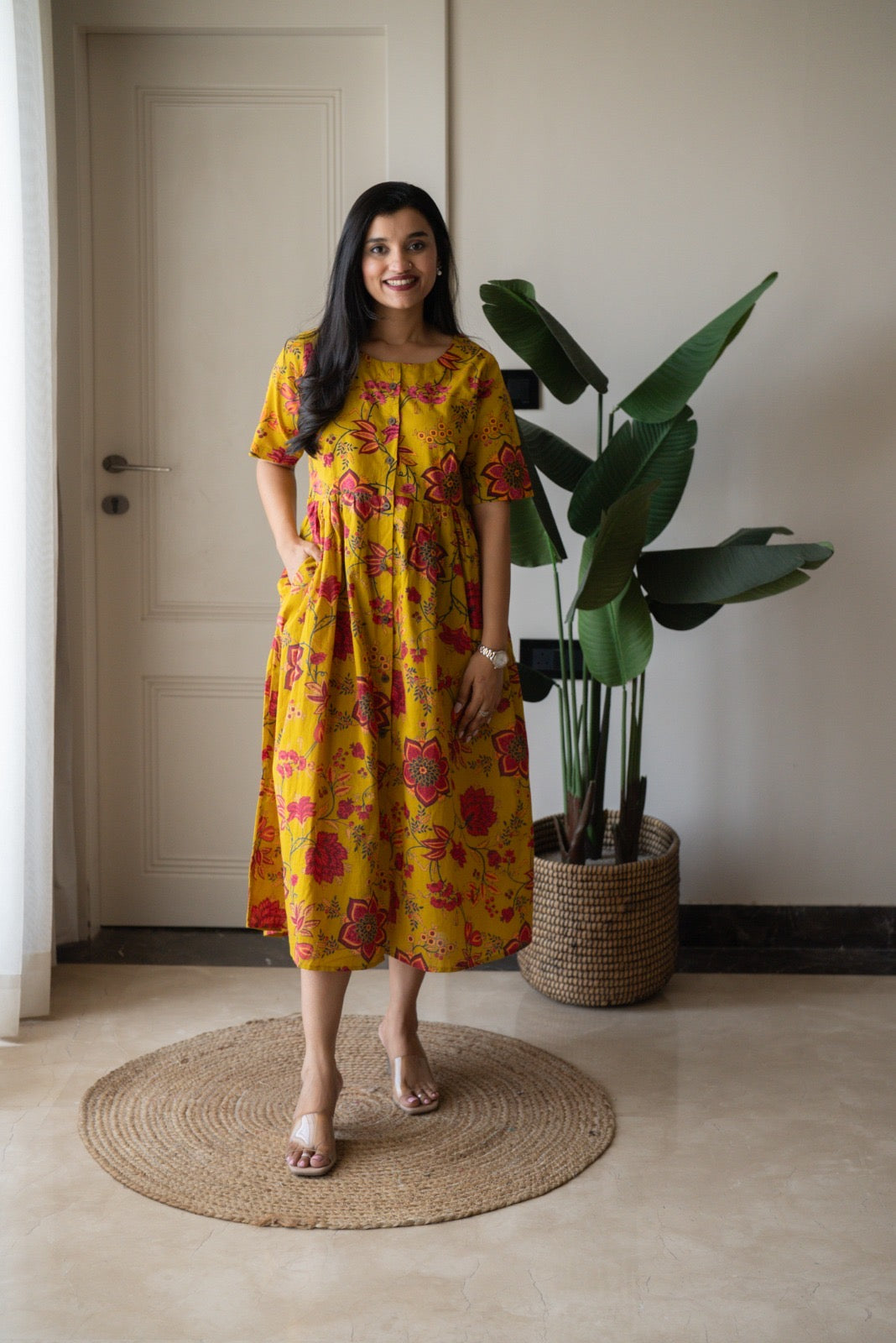 Drishy Maternity Cotton Dress- Mustard Florals