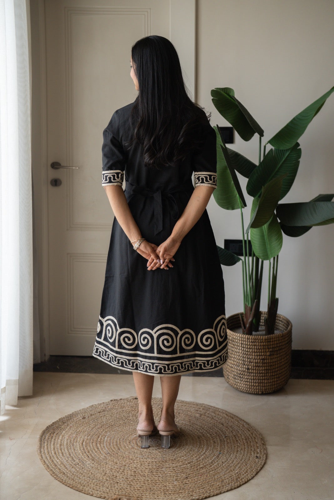 Zavya A-line Embroidered Dress- Black