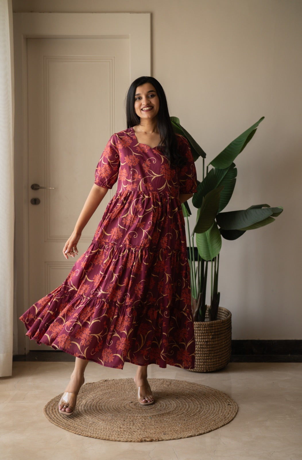 Prisha Tiered Maxi Dress- Dark Pink Florals