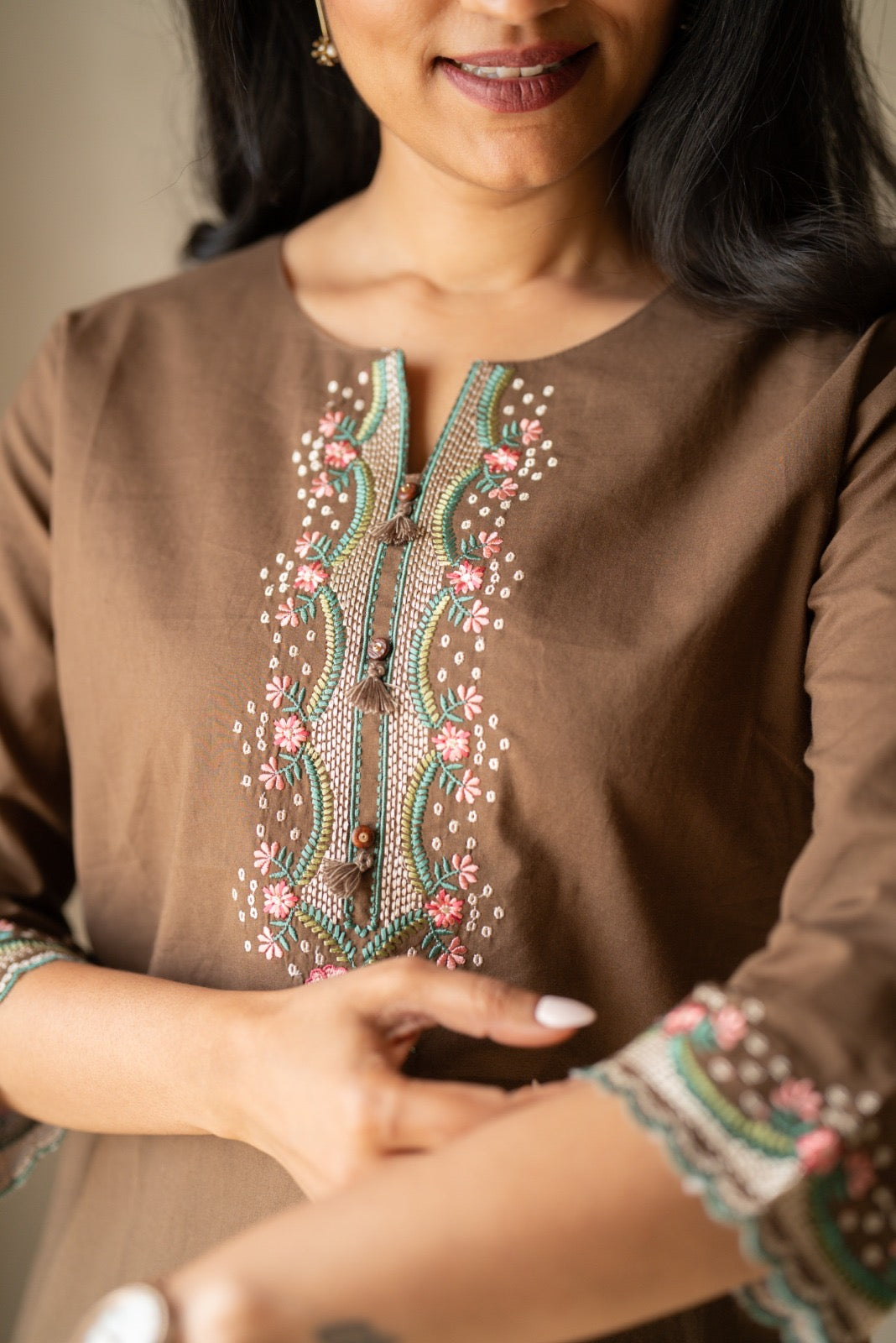 Roma Embroidered Cotton Top- Brown