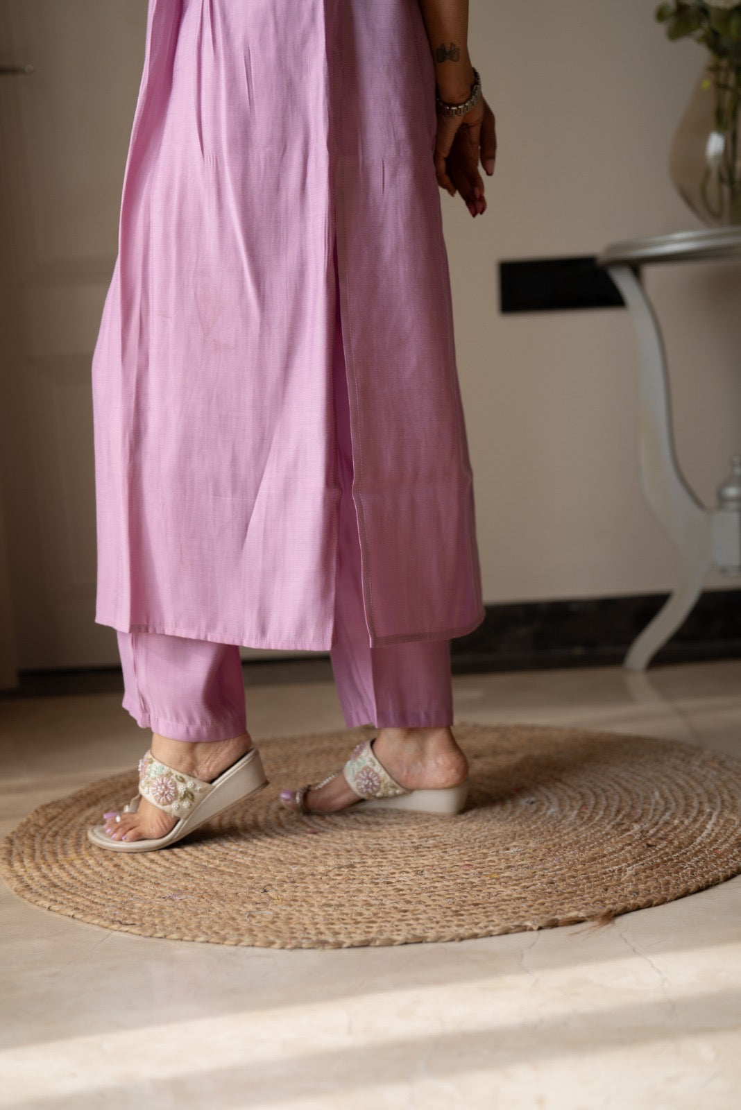 Amber Muslin Embroidered Pant Set- Pastel Pink