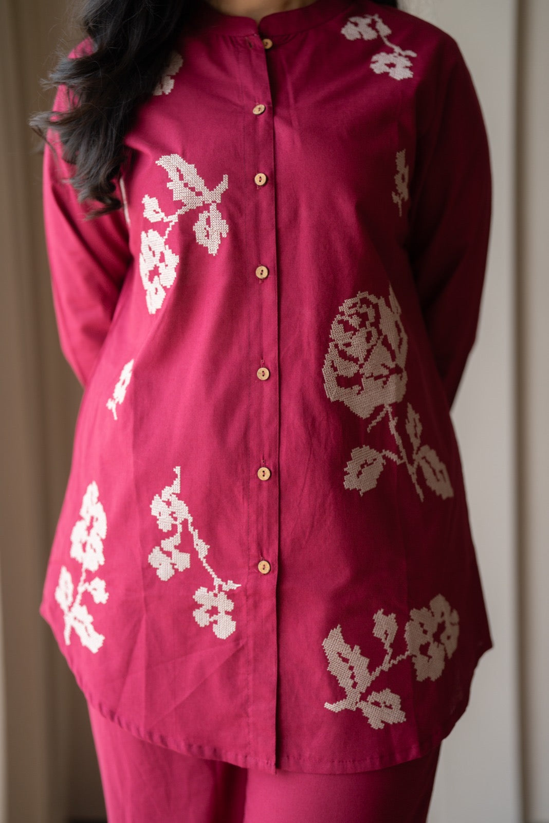 Hania Cotton Coord Set- Dark Pink