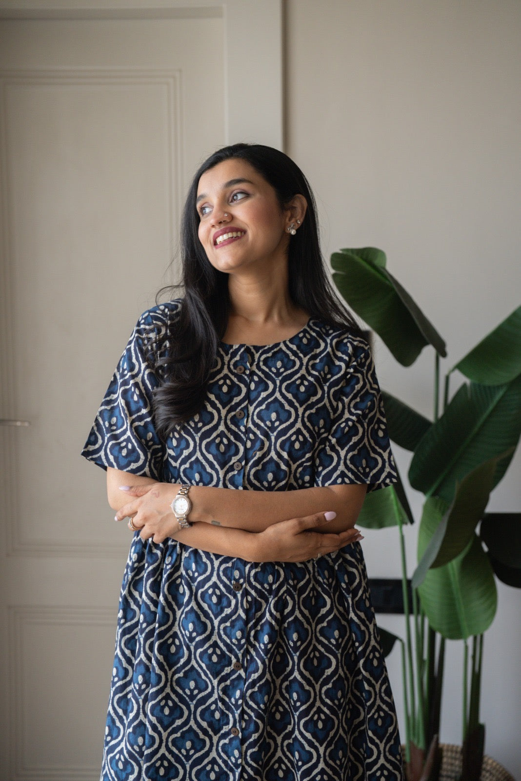 Drishy Maternity Cotton Dress- Indigo