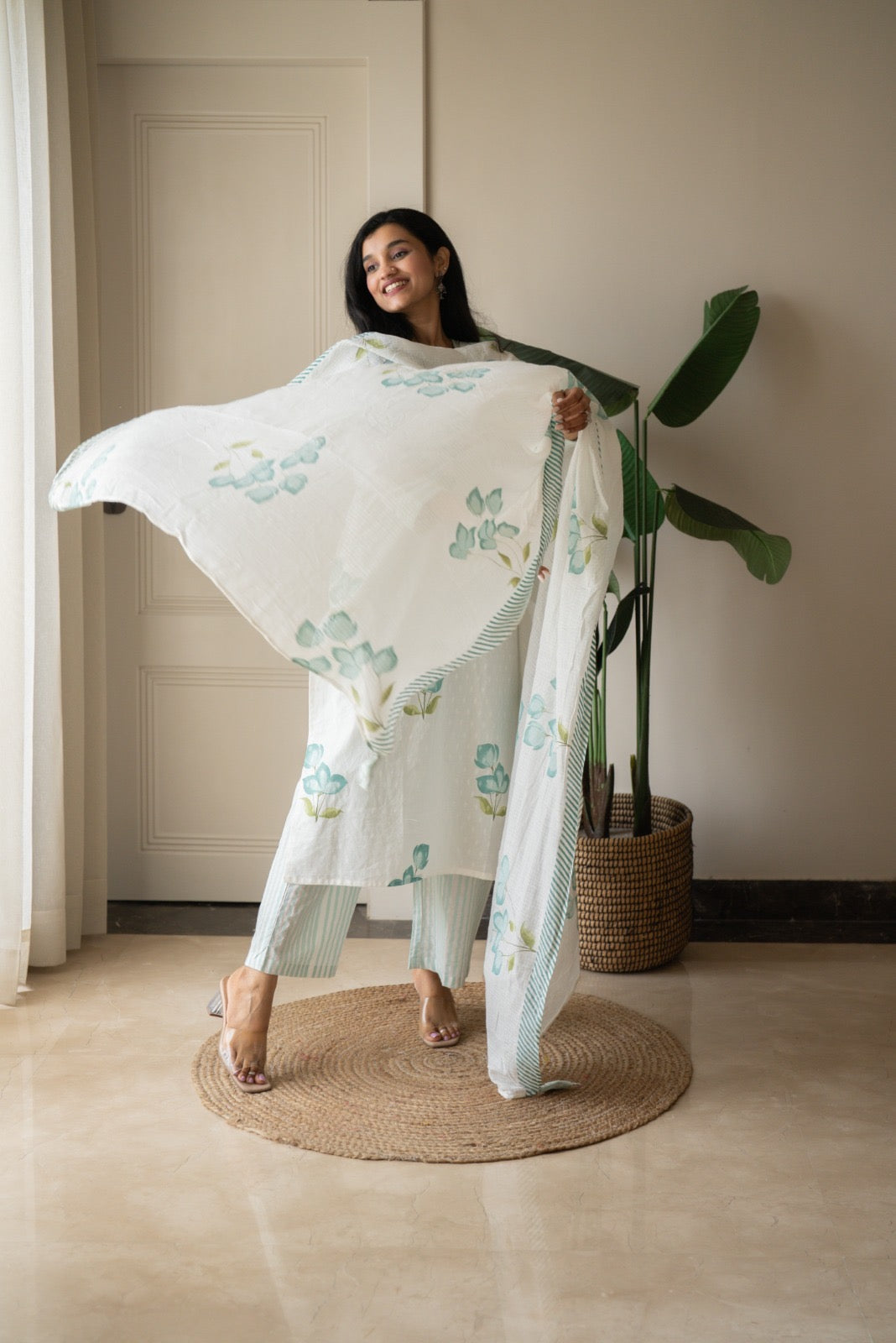 Gusha Cotton Suit- White & Blue