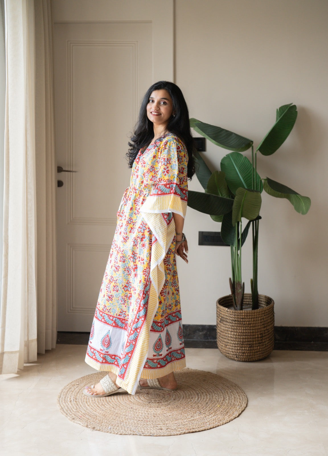 Kashi Block Print Kaftan- Bright Yellow Florals