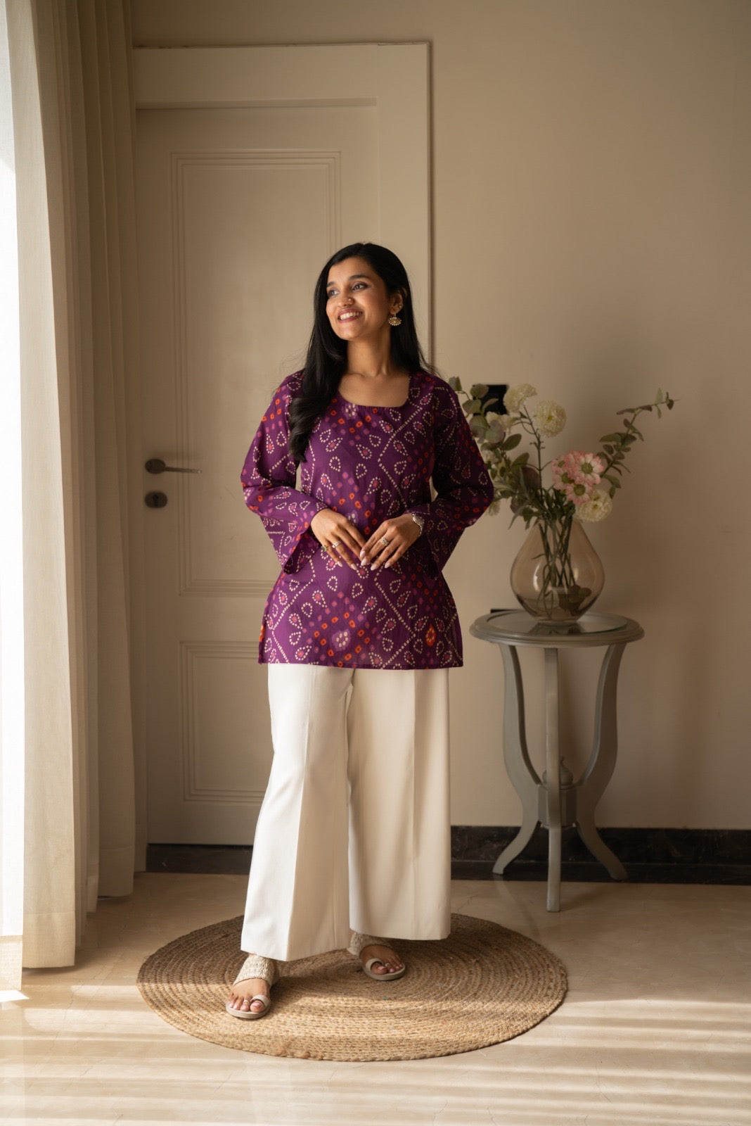 Griya Cotton Short Kurti- Purple Bandhej