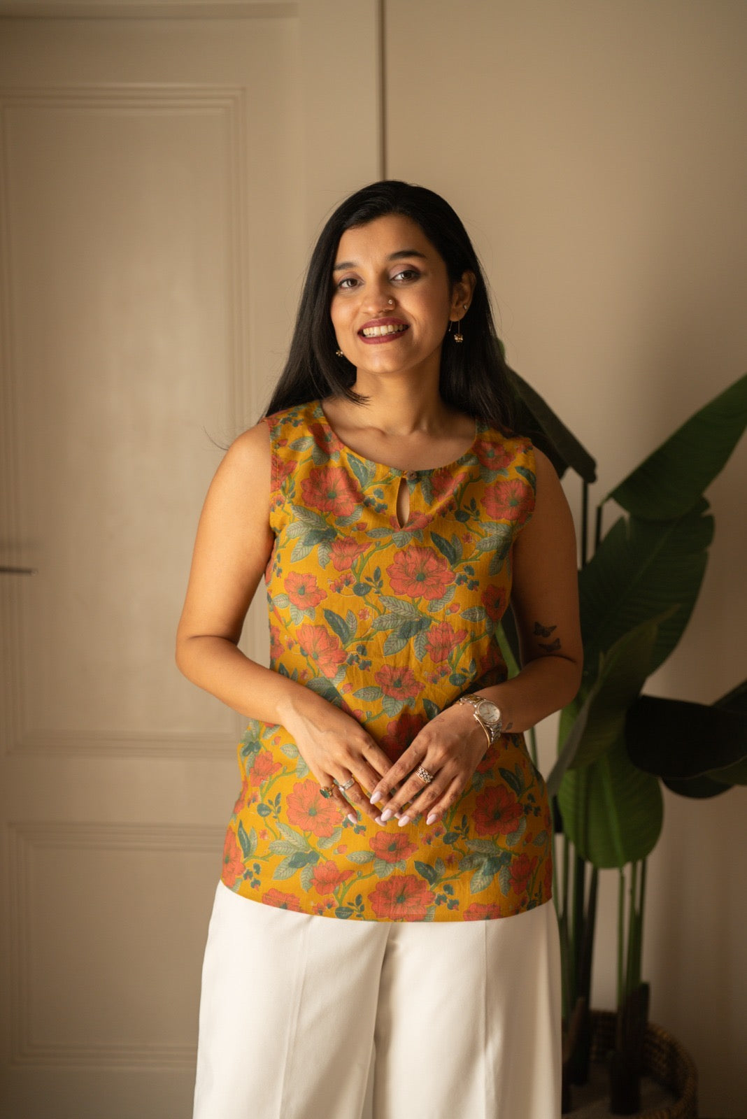Lily 2.0 Sleeveless Cotton Top- Mustard Florals