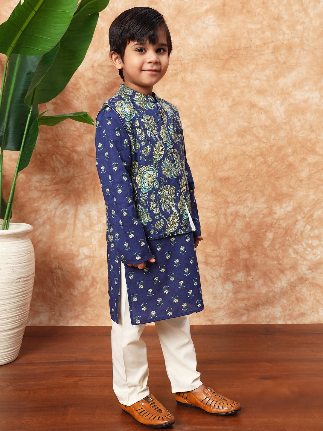 Sitara Boys’ Jacket Set- Blue Mughal Jaal