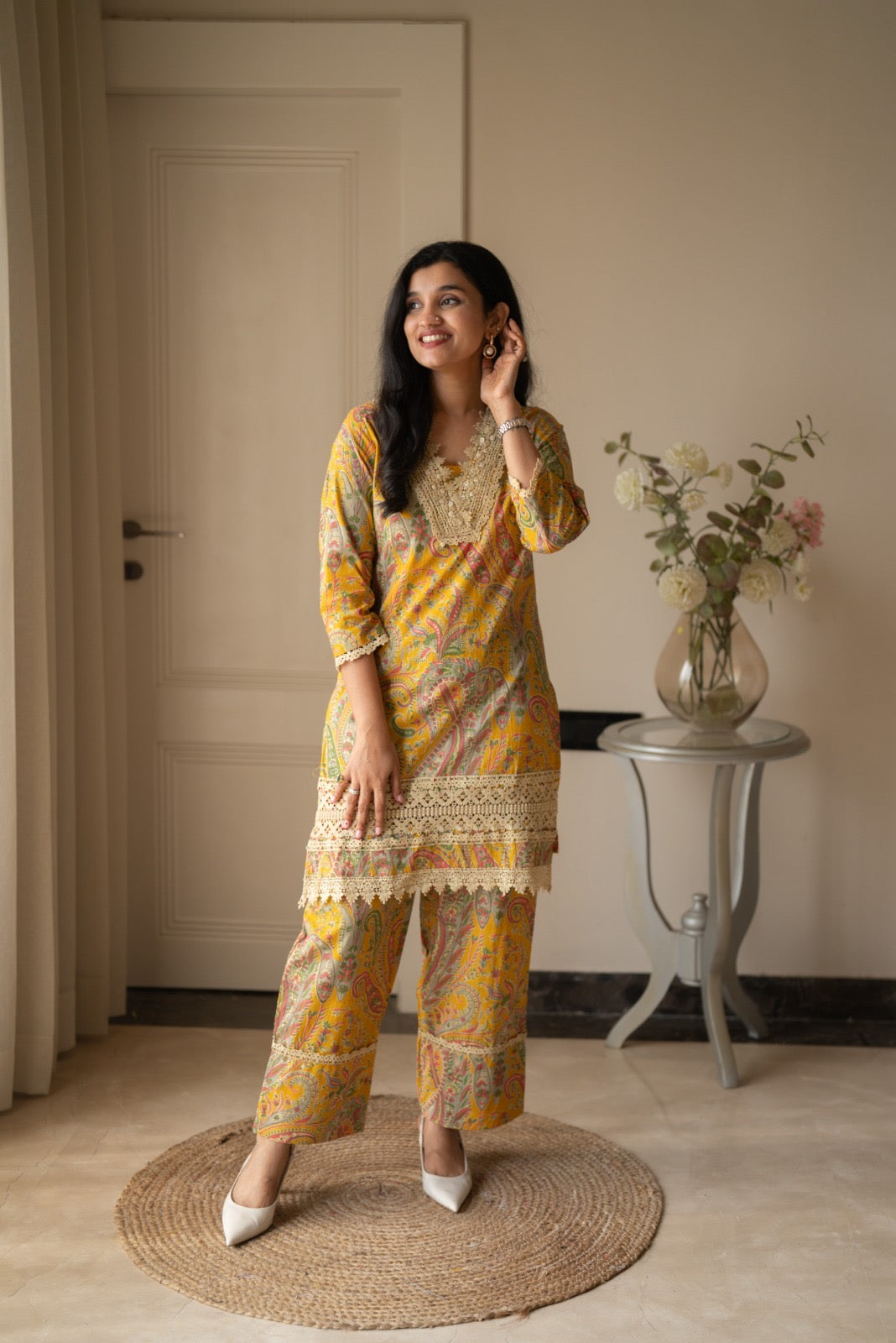 Nitara Farshi Lace Coord Set- Mustard