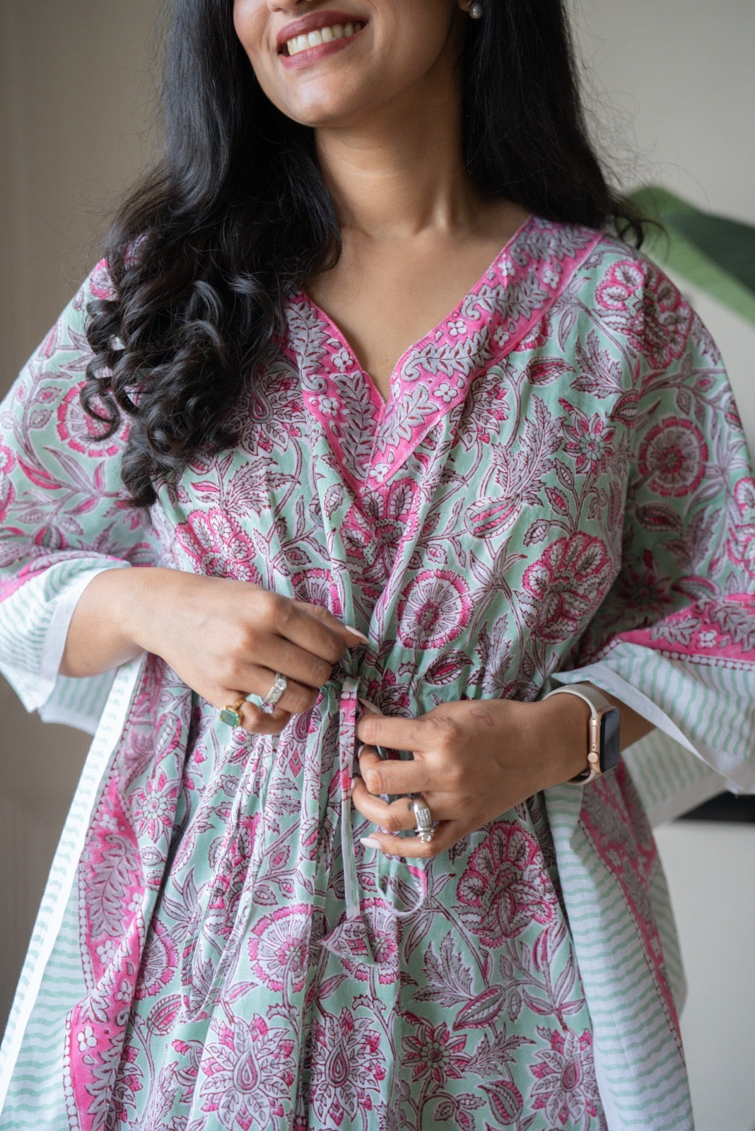 Kashi Block Print Kaftan- Pastel Green Bel