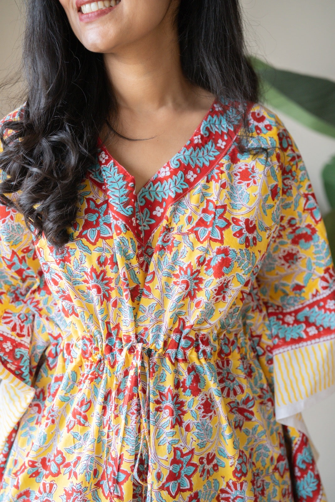 Kashi Block Print Kaftan- Bright Yellow Florals