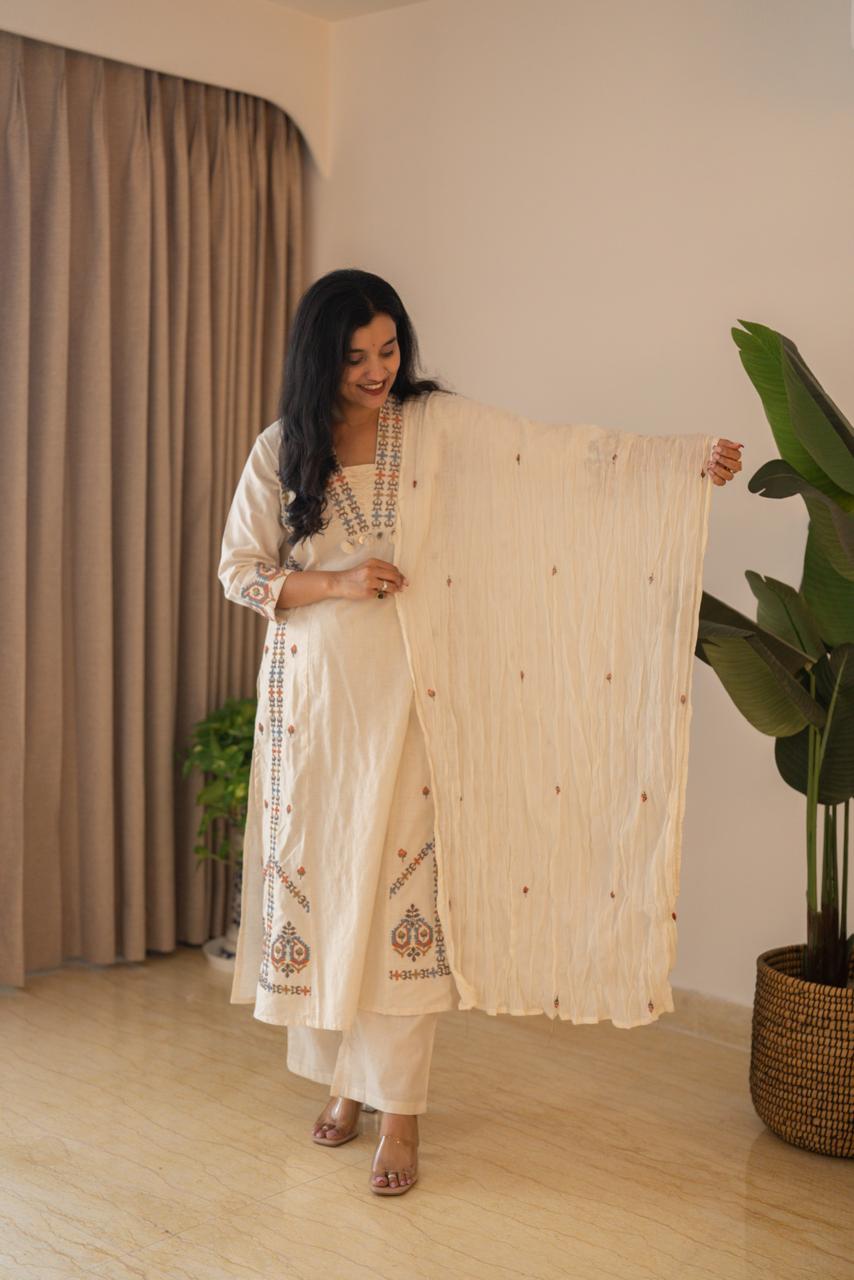 Tamana Embroidered A-line Suit- Off White