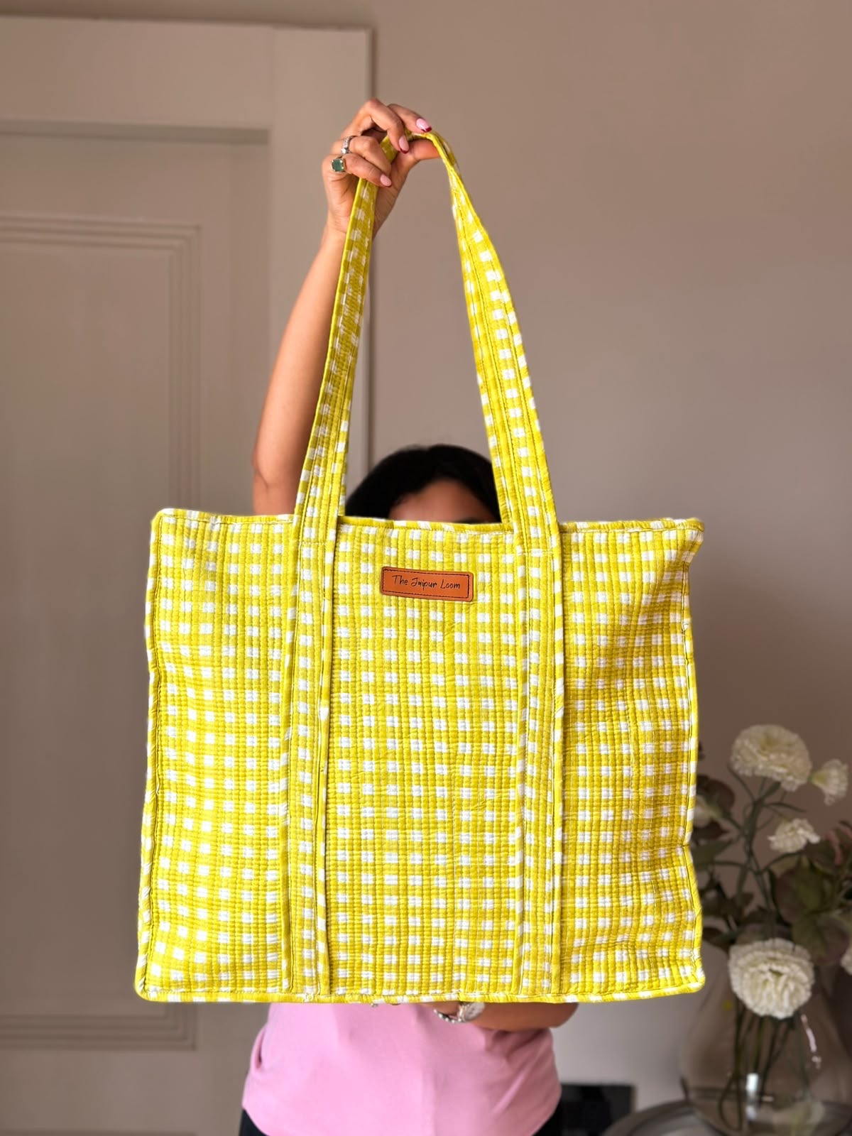 Quilted Tote Bag- Green Gingham