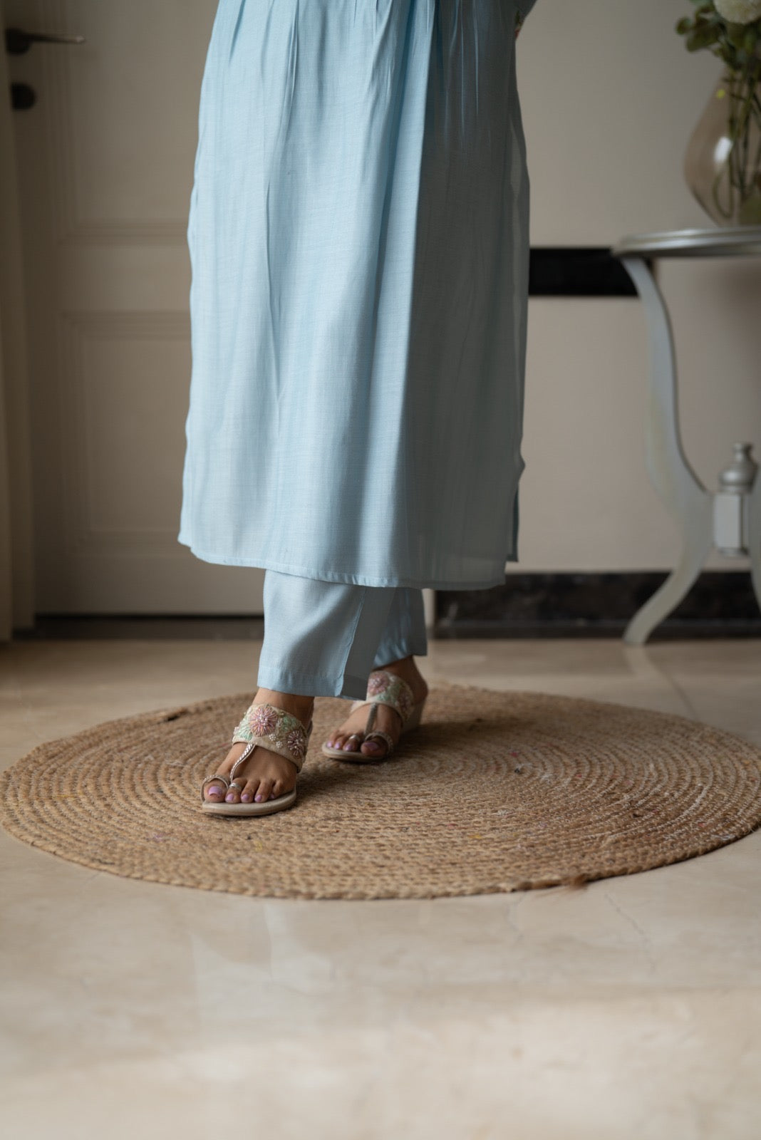 Amber Muslin Embroidered Pant Set- Pastel Blue