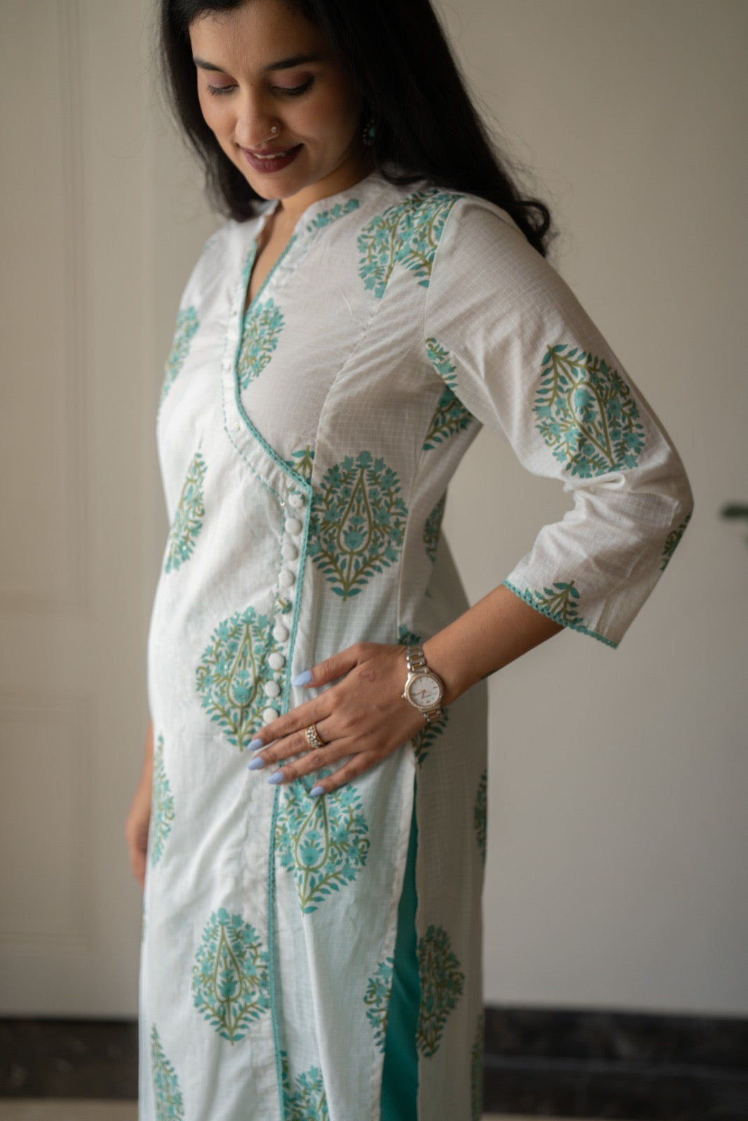 Ruh Angrakha White Boota Set- Green