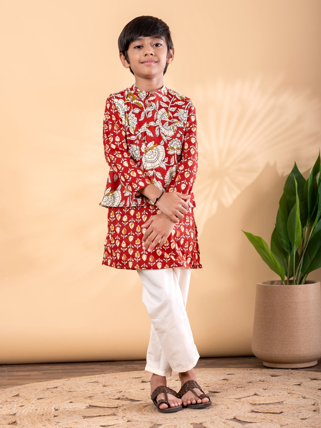 Red Kalam Boys’ Jacket Set