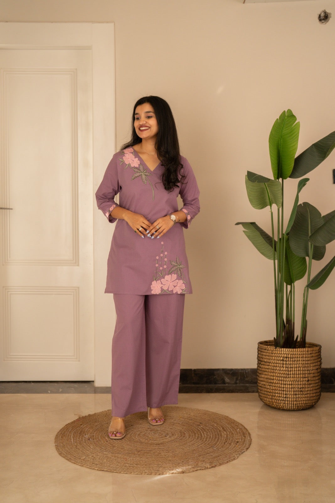 Ginni Embroidered Cotton Coord Set- Purple