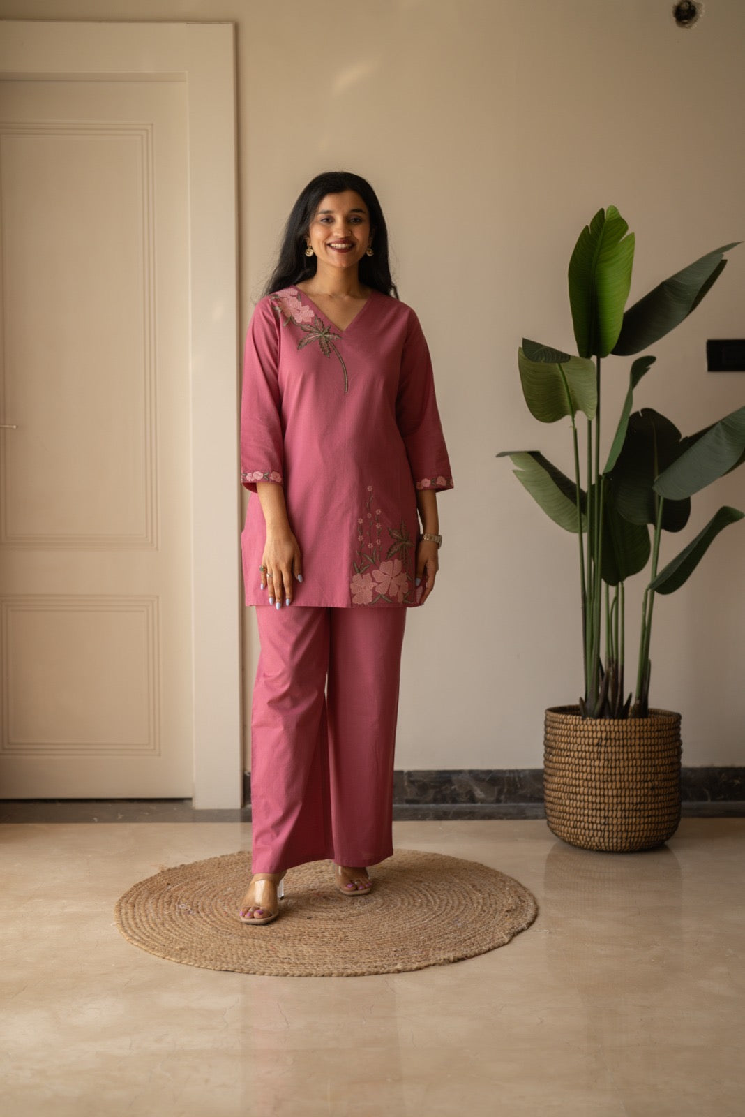Ginni Embroidered Cotton Coord Set- Pink