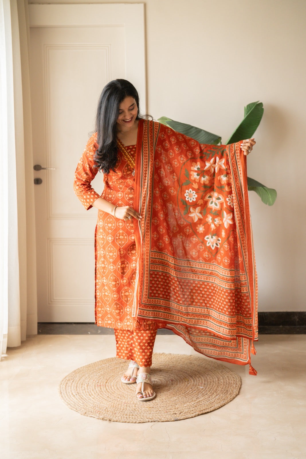 Suryana Cotton Suit- Orange Mehrab