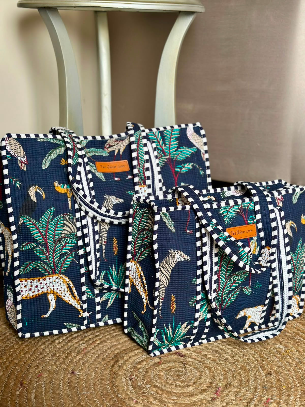 Quilted Tote Bag- Blue Jungle