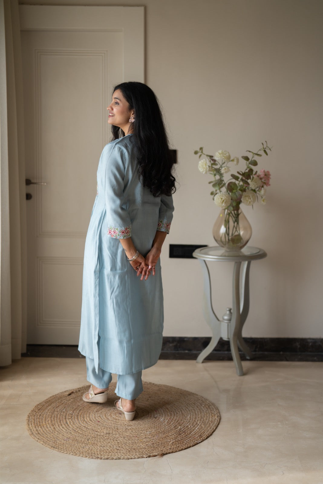 Amber Muslin Embroidered Pant Set- Pastel Blue
