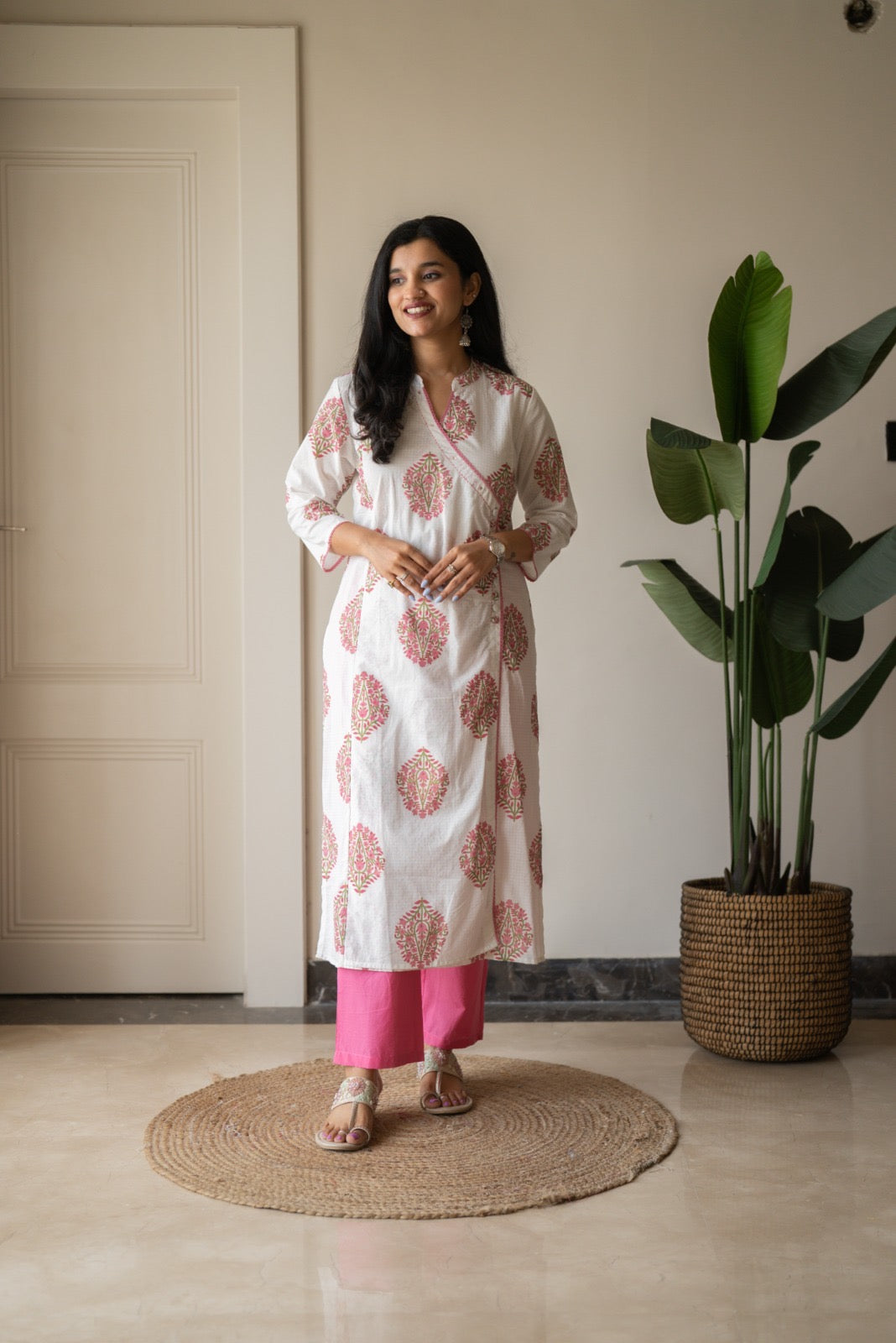 Ruh Angrakha White Boota Set- Pink