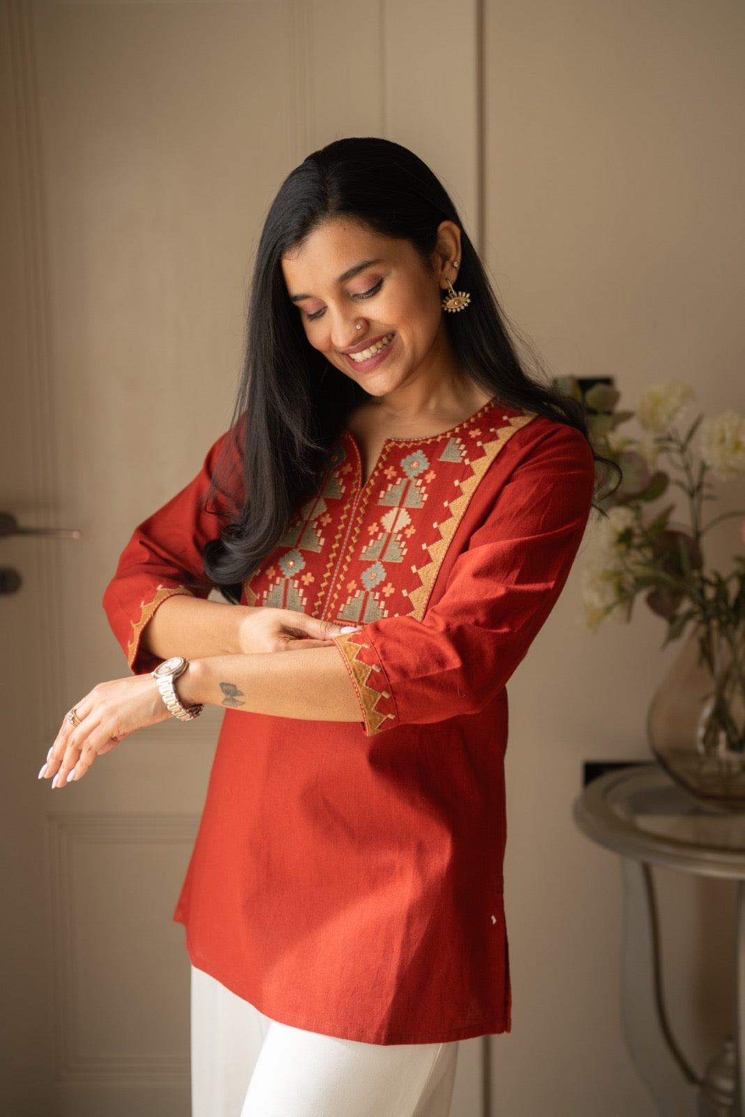 Lizi Embroidered Short Kurti- Rust