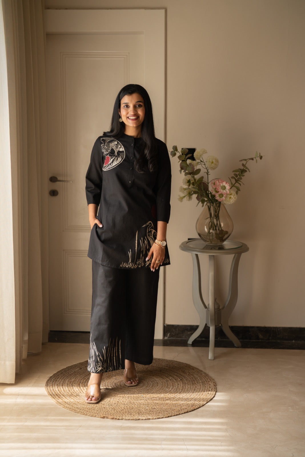 Aarya Elegant Slub Coord Set- Black